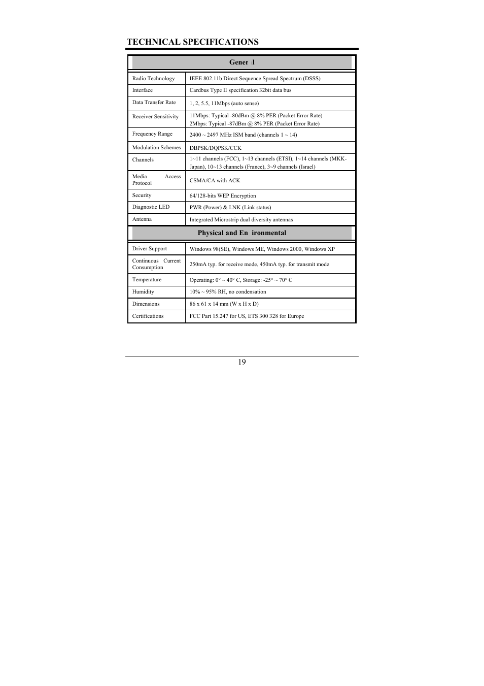 Technical specifications | Airlink AWLC011 User Manual | Page 23 / 26