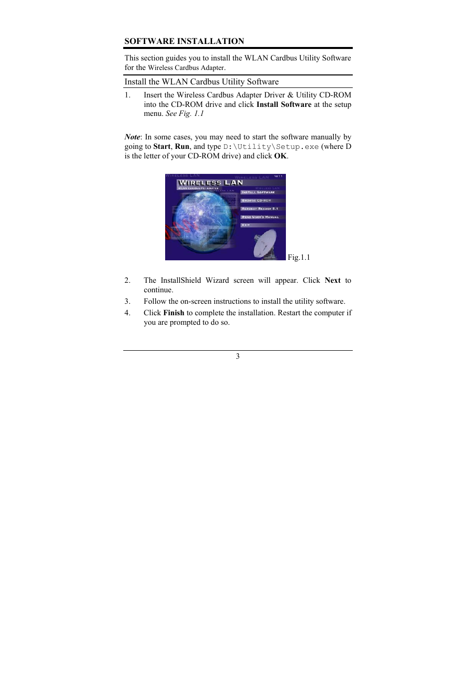 Software installation, Install the wlan cardbus utility software | Airlink AWLC011 User Manual | Page 9 / 26
