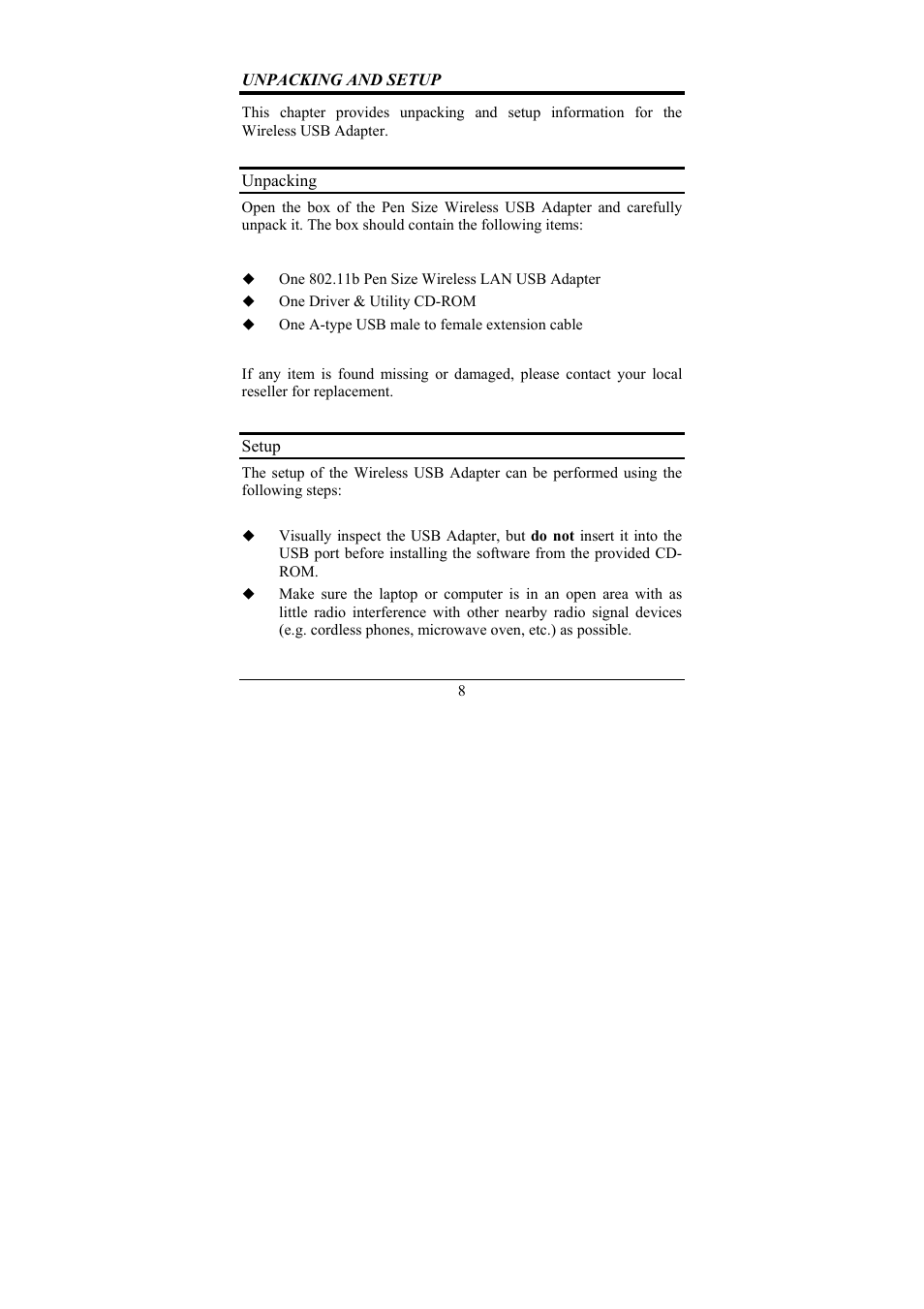 Unpacking and setup, Unpacking, Setup | Airlink AWLL017 User Manual | Page 8 / 25