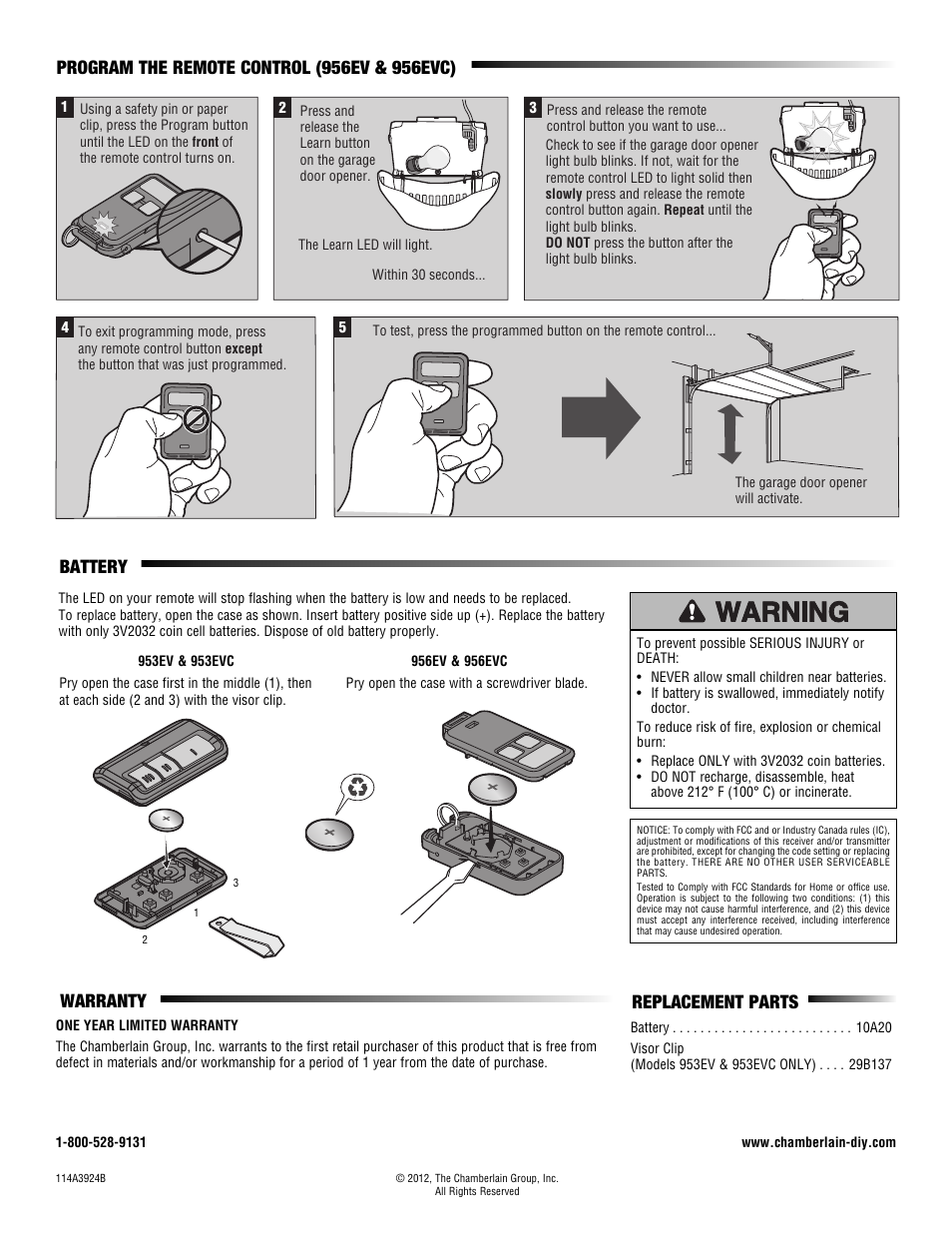 Battery, Replacement parts, Warranty | Chamberlain 953EV User Manual | Page 2 / 2