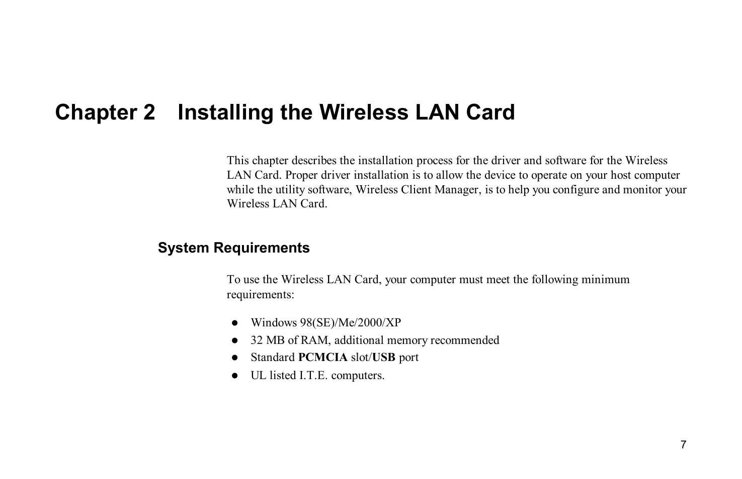 Chapter 2 installing the wireless lan card, System requirements | Airlink WLL013 User Manual | Page 14 / 84