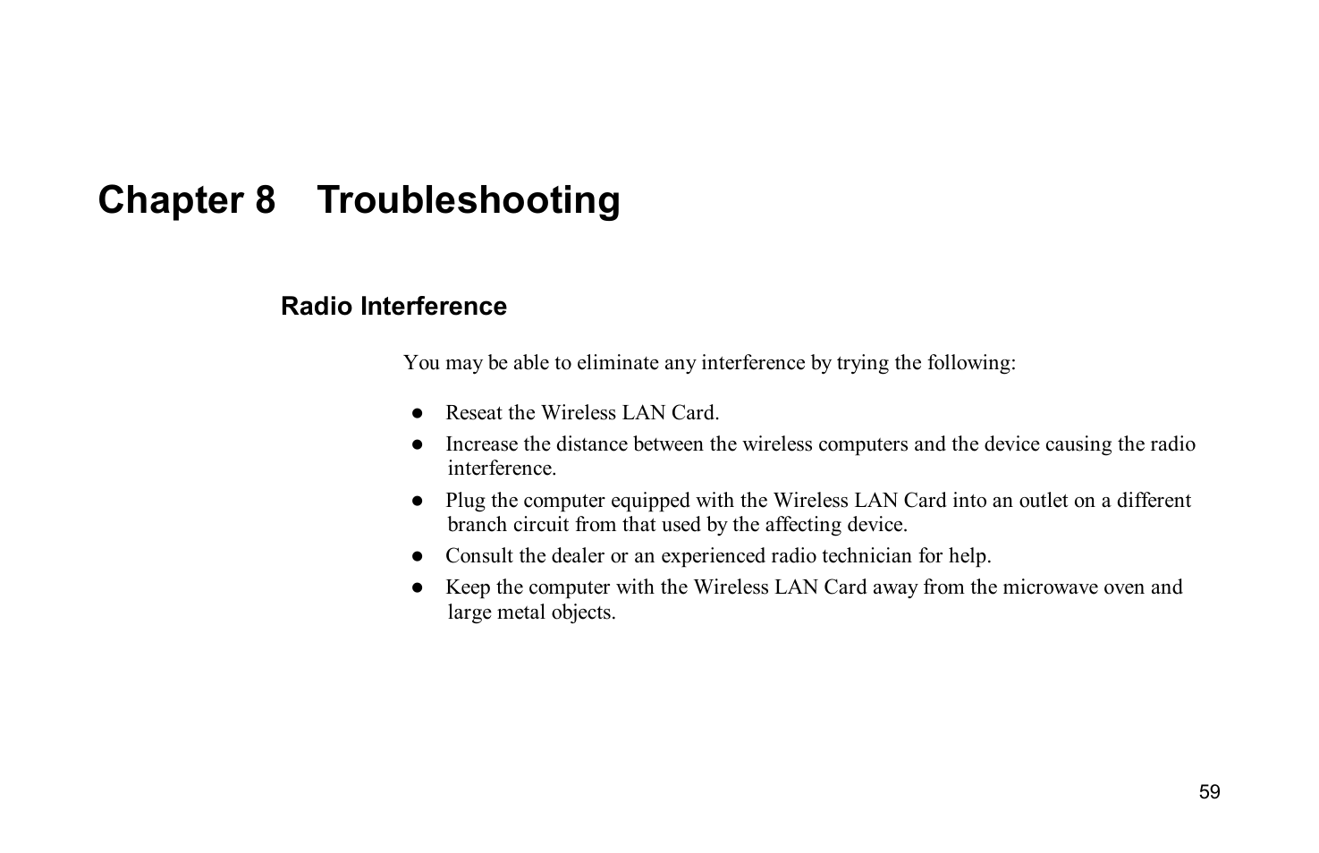 Chapter 8 troubleshooting, Radio interference | Airlink WLL013 User Manual | Page 62 / 84