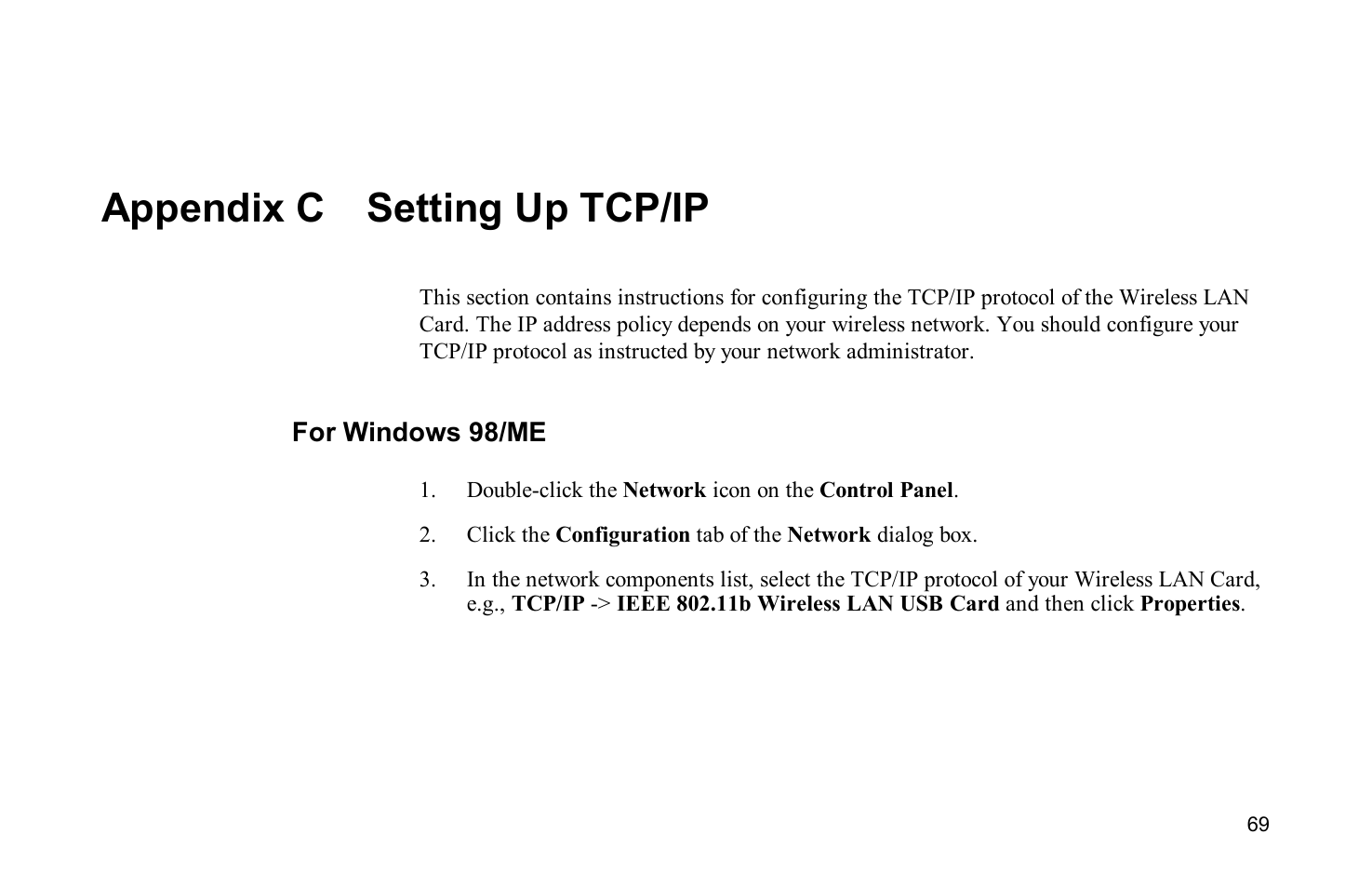 Appendix c setting up tcp/ip, For windows 98/me | Airlink WLL013 User Manual | Page 70 / 84