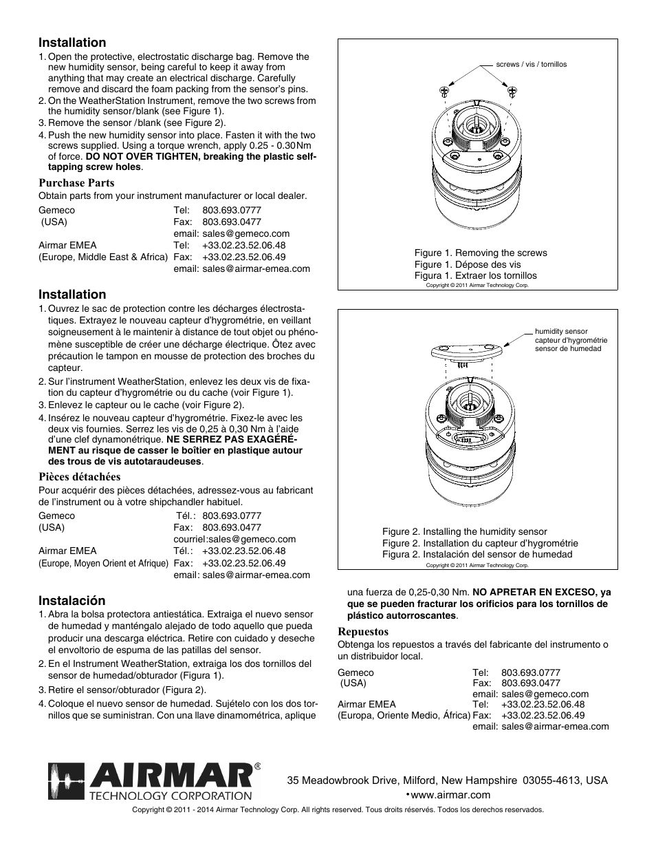 Installation, Instalación | Airmar Humidity Sensor—200WX User Manual | Page 2 / 2