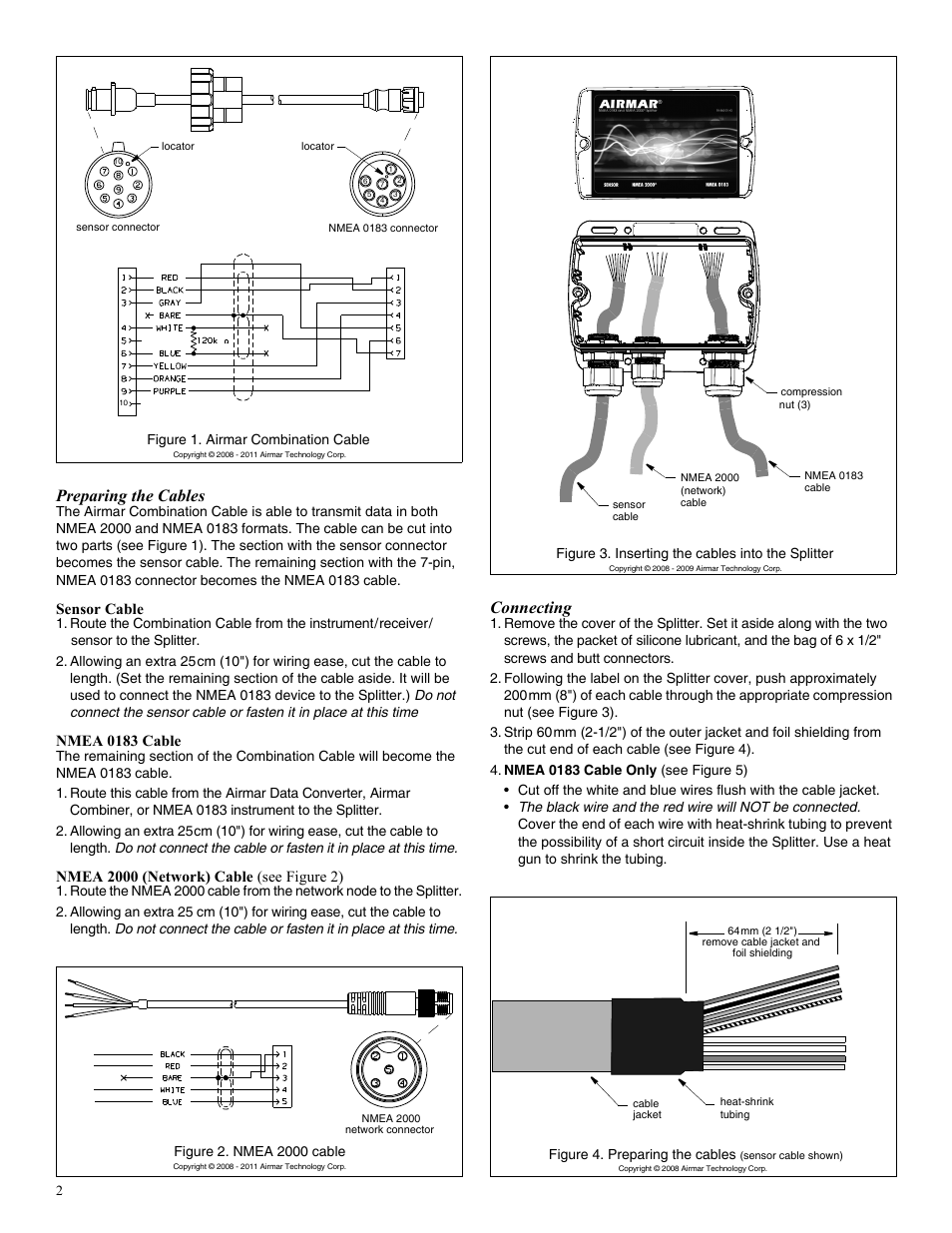 Preparing the cables, Connecting | Airmar NMEA 0183 User Manual | Page 2 / 4