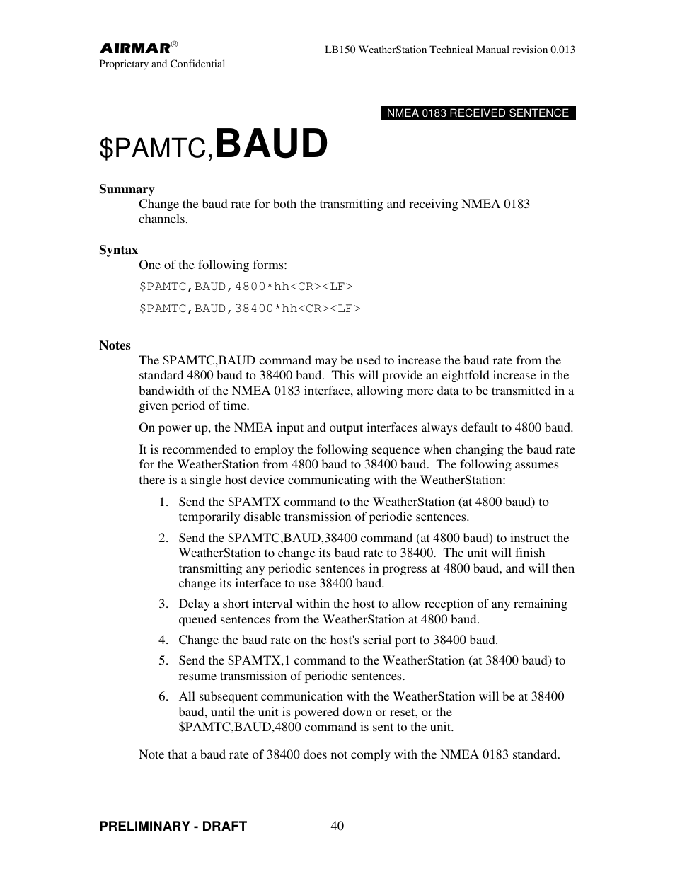 Baud, Pamtc | Airmar LB150 User Manual | Page 43 / 72