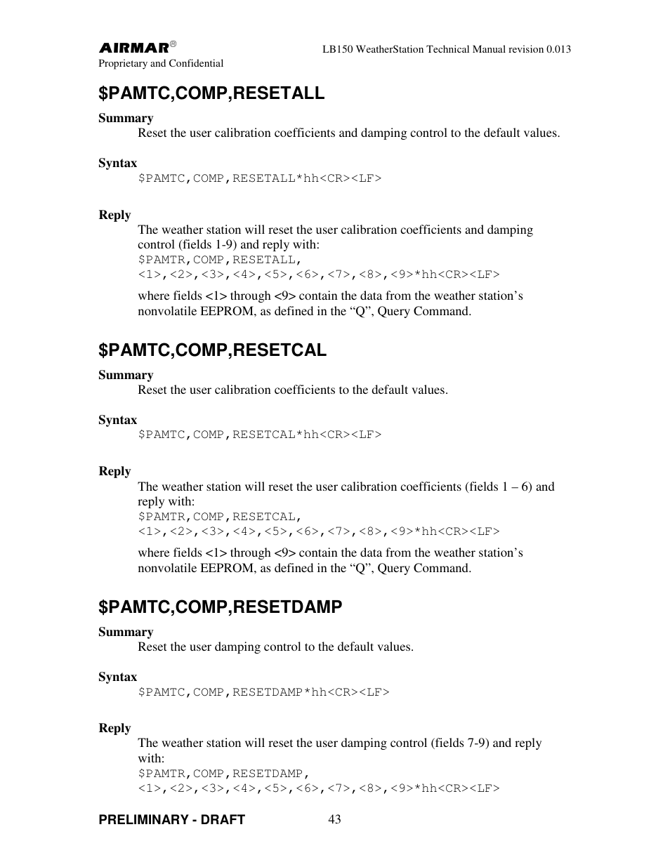 Pamtc,comp,resetall, Pamtc,comp,resetcal, Pamtc,comp,resetdamp | Airmar LB150 User Manual | Page 46 / 72