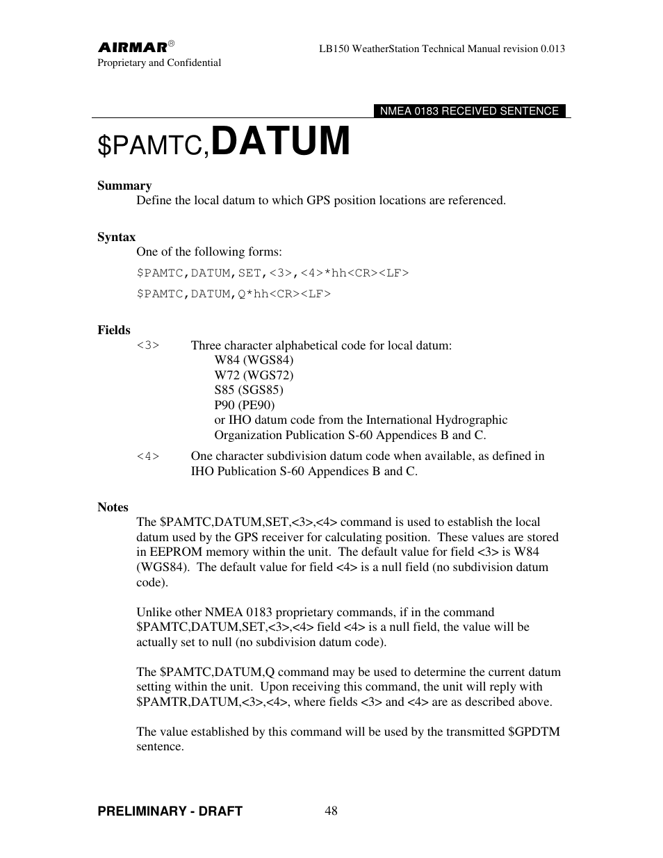 Datum, Pamtc | Airmar LB150 User Manual | Page 51 / 72