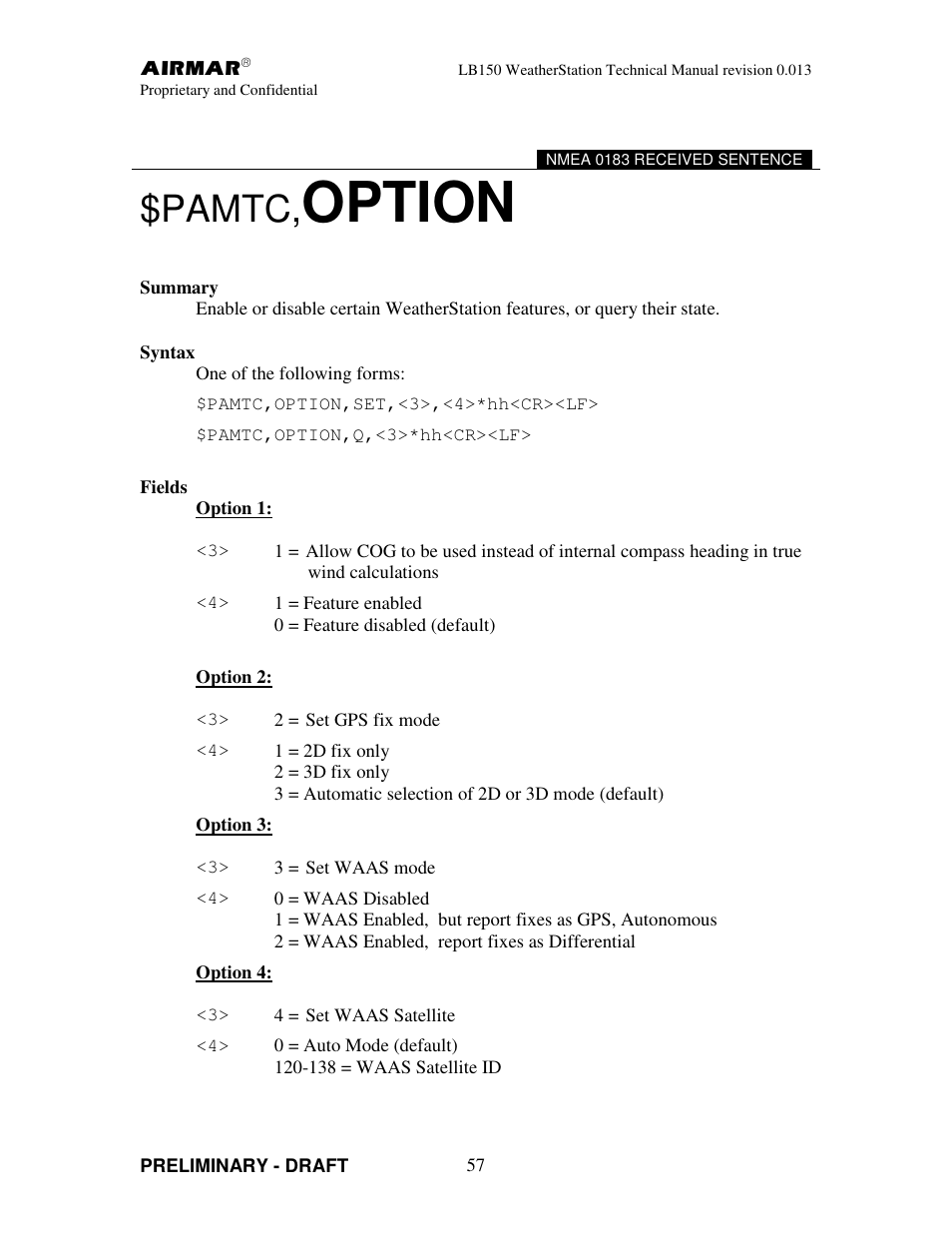 Option, Pamtc | Airmar LB150 User Manual | Page 60 / 72