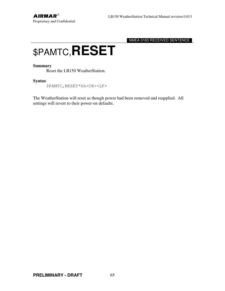 Reset, Pamtc | Airmar LB150 User Manual | Page 68 / 72