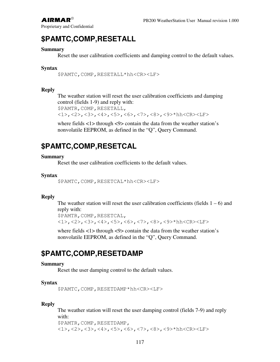 Pamtc,comp,resetall, Pamtc,comp,resetcal, Pamtc,comp,resetdamp | Airmar PB200 User Manual | Page 123 / 151