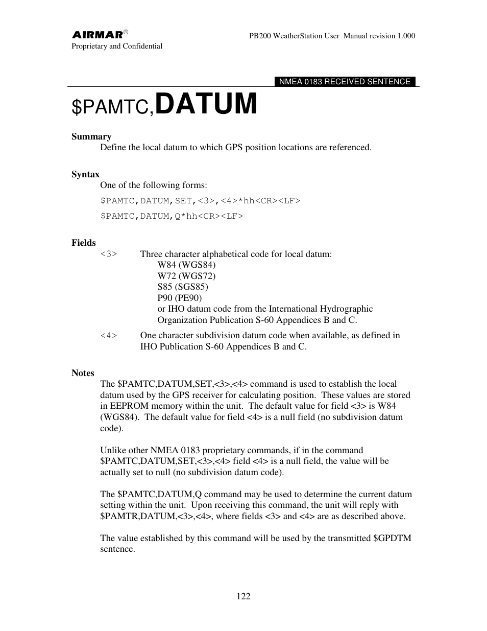 Datum, Pamtc | Airmar PB200 User Manual | Page 128 / 151