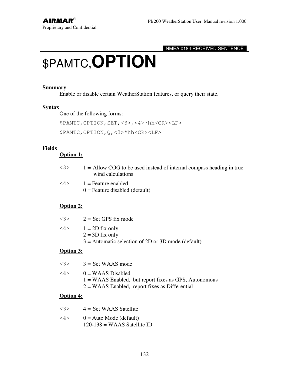 Option, Pamtc | Airmar PB200 User Manual | Page 138 / 151