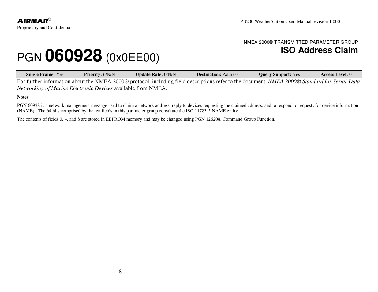 0x0ee00), Iso address claim | Airmar PB200 User Manual | Page 14 / 151