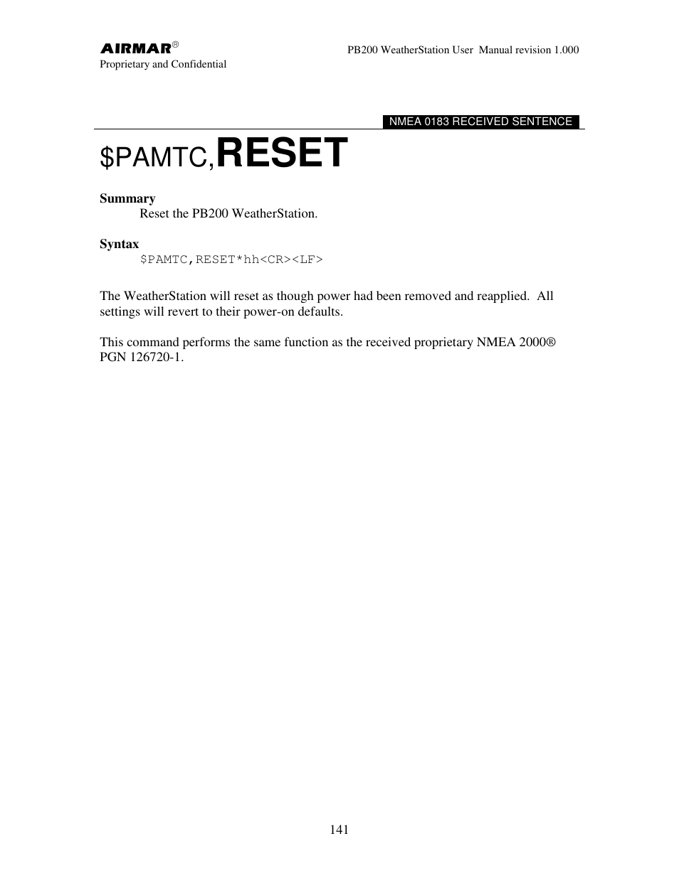 Reset, Pamtc | Airmar PB200 User Manual | Page 147 / 151