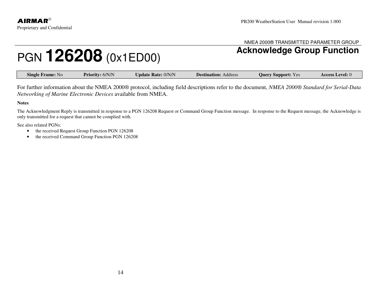 0x1ed00), Acknowledge group function | Airmar PB200 User Manual | Page 20 / 151