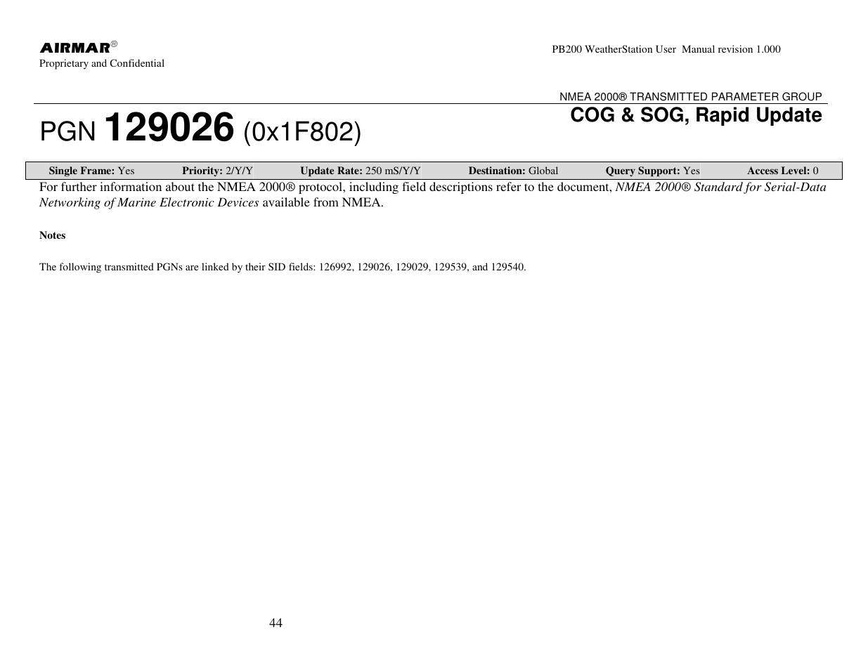 Cog & sog, rapid update | Airmar PB200 User Manual | Page 50 / 151