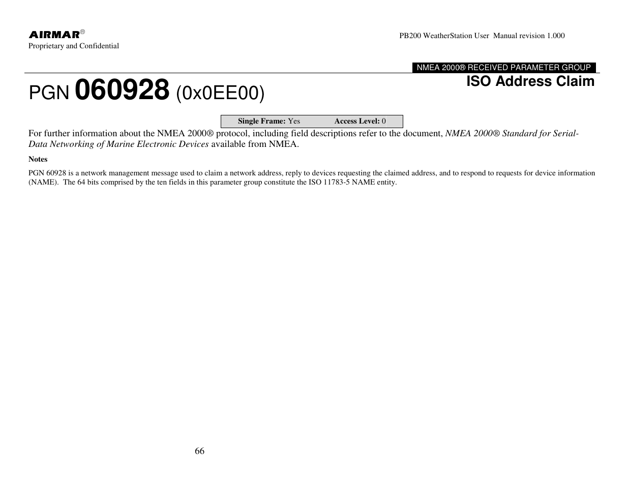 0x0ee00), Iso address claim | Airmar PB200 User Manual | Page 72 / 151
