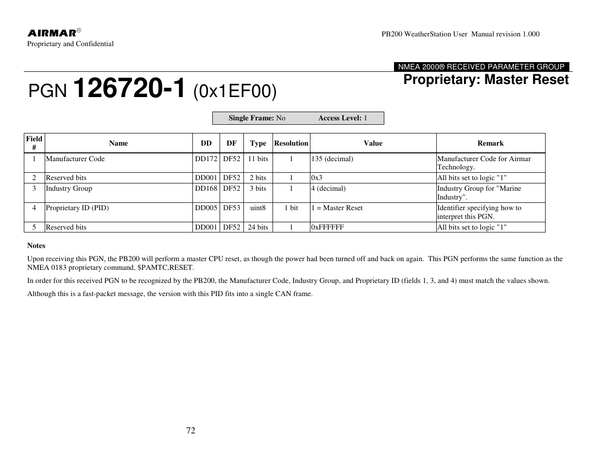 0x1ef00), Proprietary: master reset | Airmar PB200 User Manual | Page 78 / 151