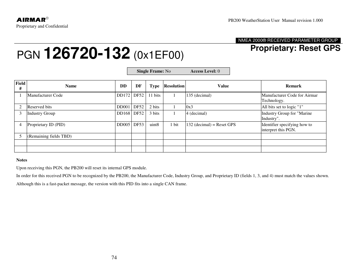 0x1ef00), Proprietary: reset gps | Airmar PB200 User Manual | Page 80 / 151