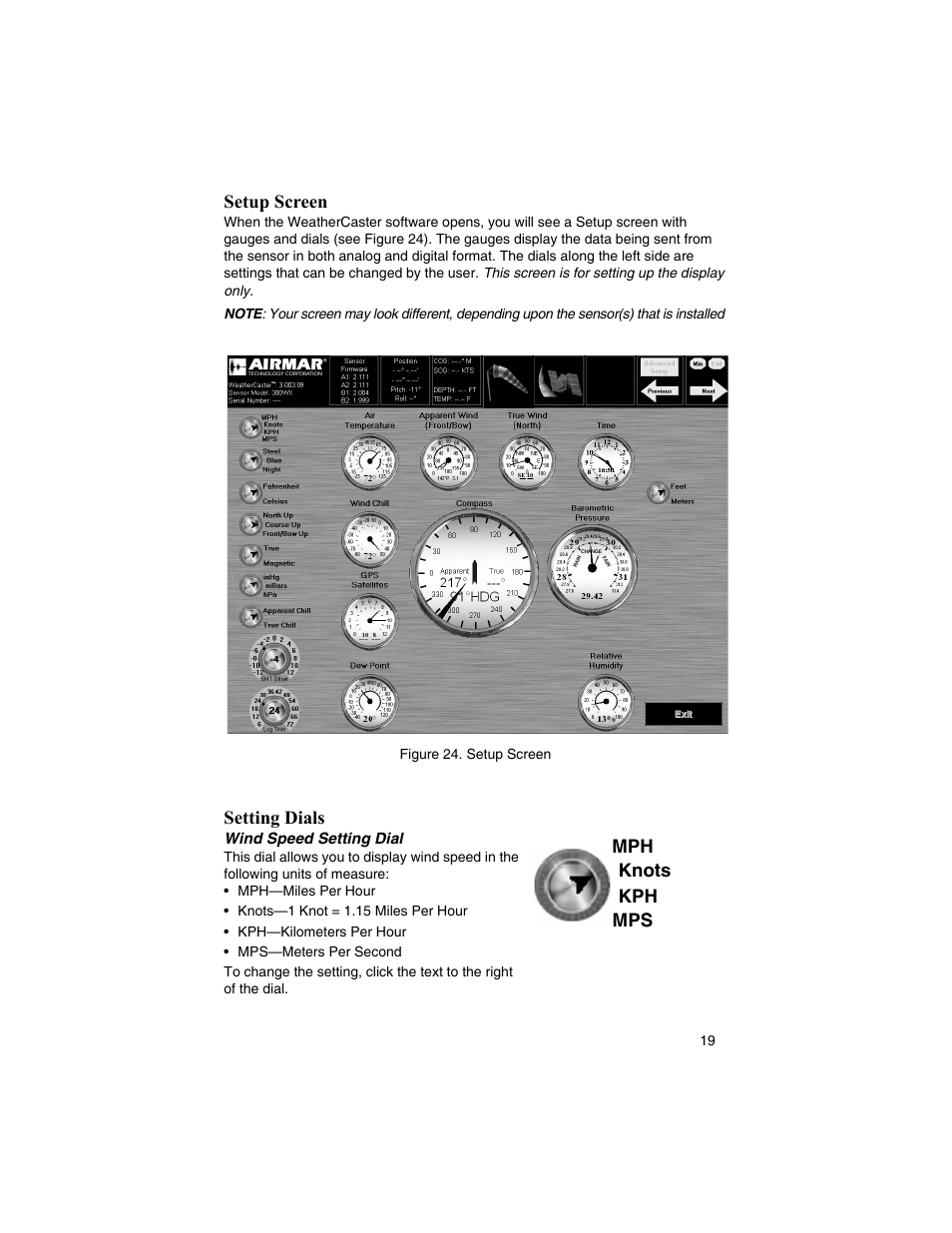 Setup screen, Setting dials, Mph knots kph mps | Airmar WeatherCaster™ Software User Manual | Page 19 / 69