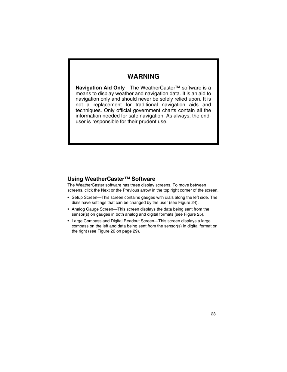 Warning | Airmar WeatherCaster™ Software User Manual | Page 23 / 69