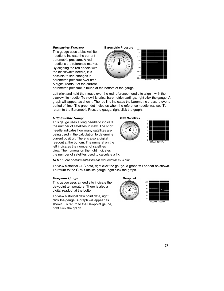 Barometric pressure, Gps satellite gauge, Dewpoint gauge | Airmar WeatherCaster™ Software User Manual | Page 27 / 69