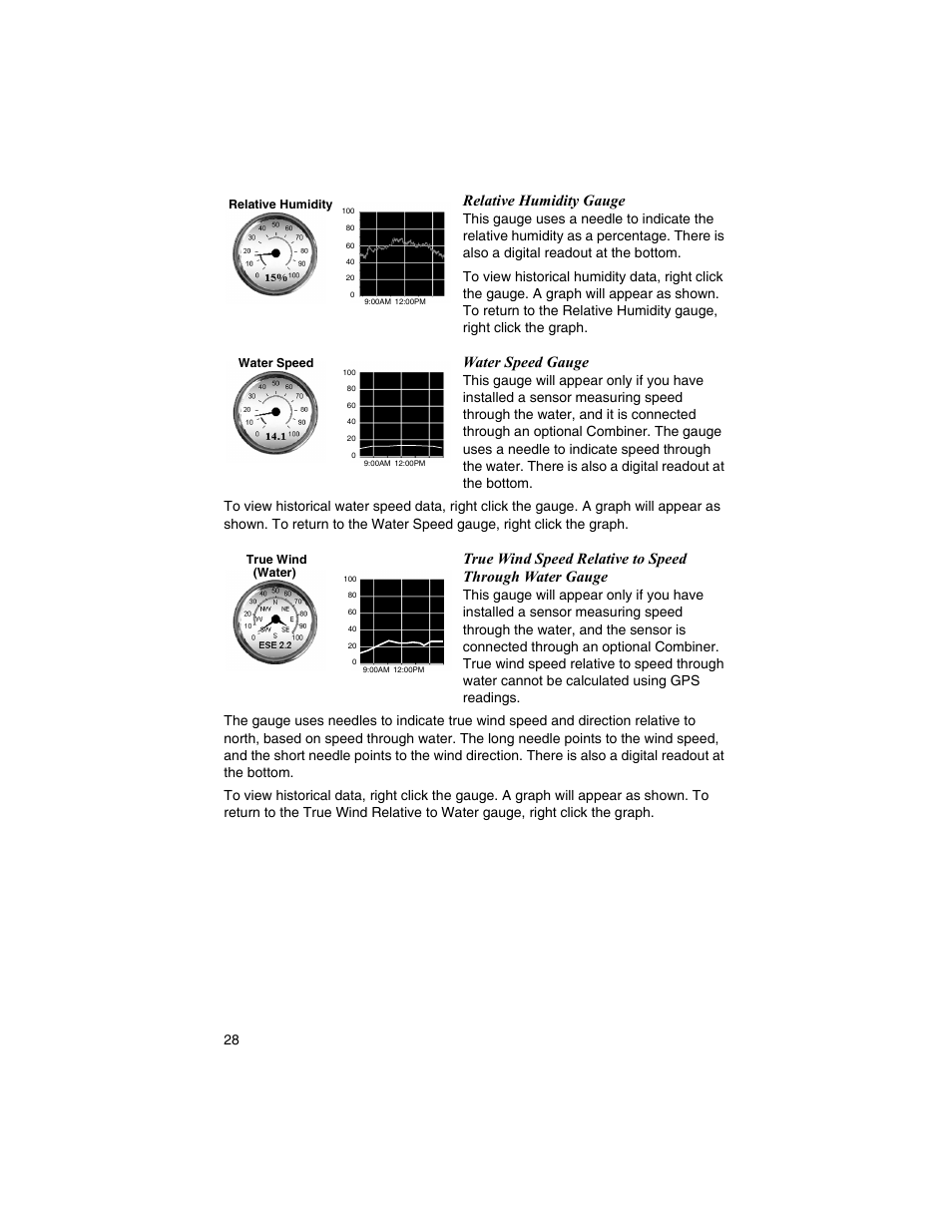 Relative humidity gauge, Water speed gauge | Airmar WeatherCaster™ Software User Manual | Page 28 / 69
