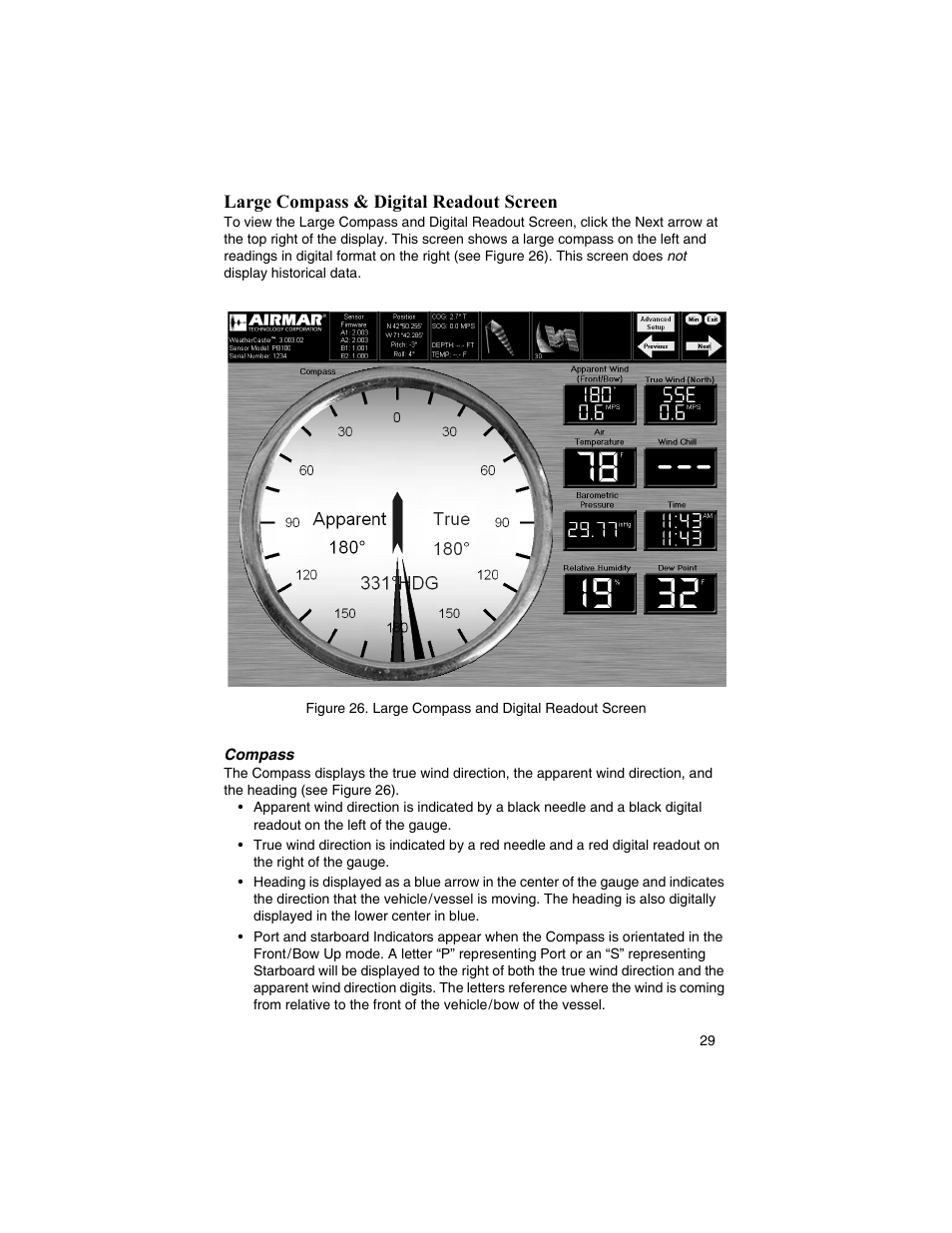 Large compass & digital readout screen | Airmar WeatherCaster™ Software User Manual | Page 29 / 69