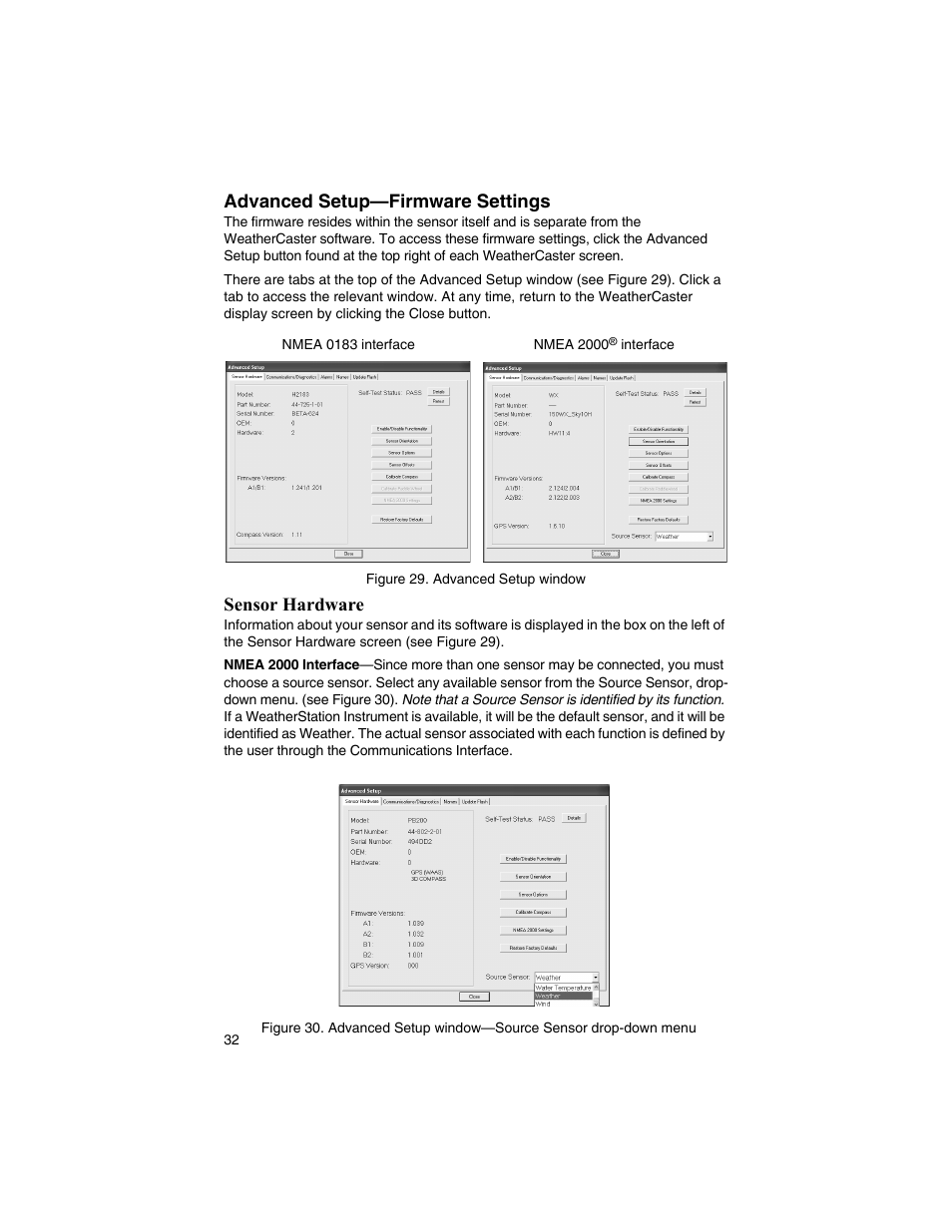 Advanced setup—firmware settings, Sensor hardware | Airmar WeatherCaster™ Software User Manual | Page 32 / 69
