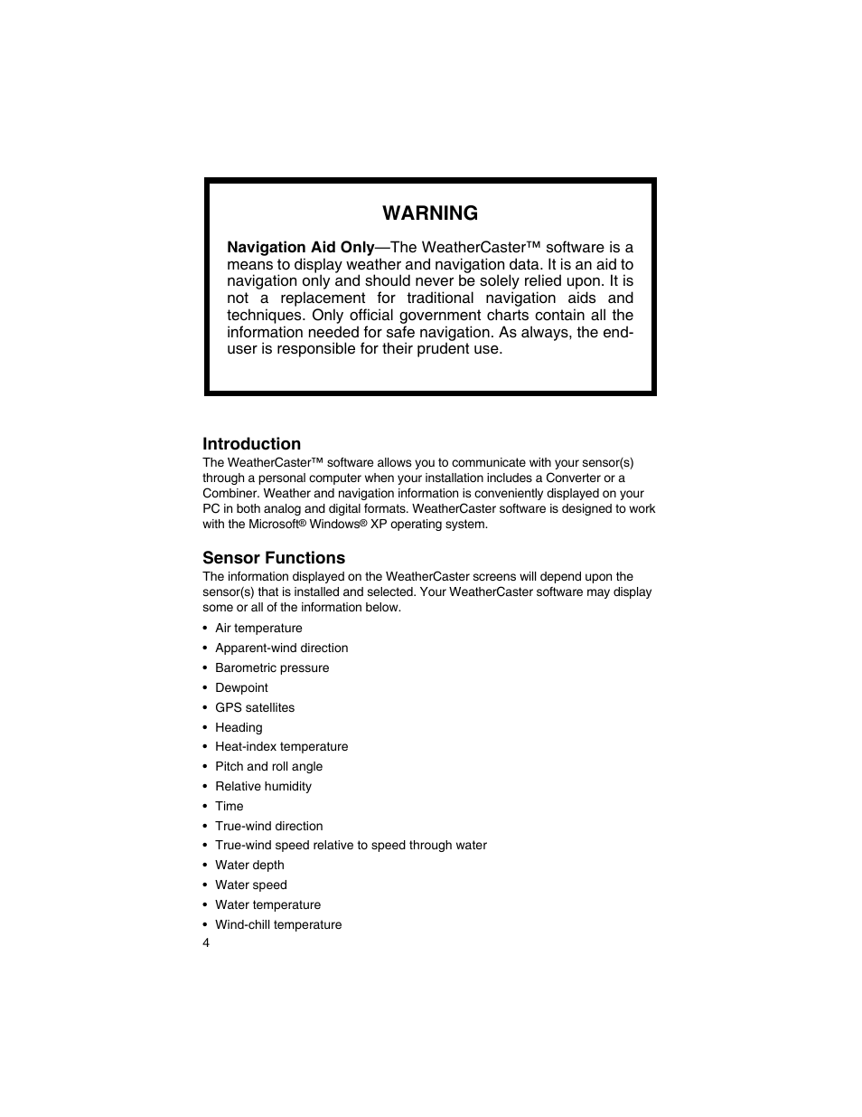 Warning | Airmar WeatherCaster™ Software User Manual | Page 4 / 69