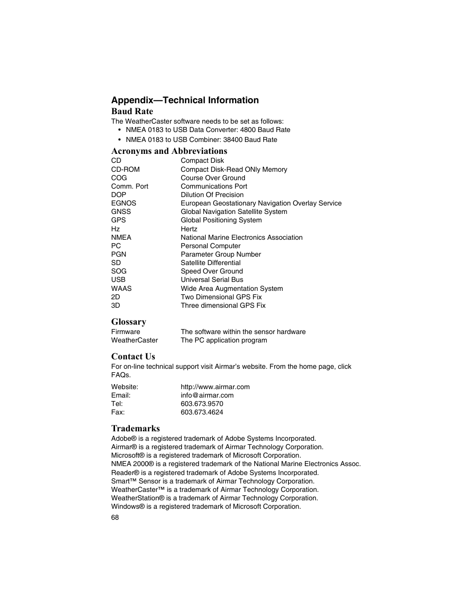 Appendix—technical information baud rate, Acronyms and abbreviations, Glossary | Contact us, Trademarks | Airmar WeatherCaster™ Software User Manual | Page 68 / 69