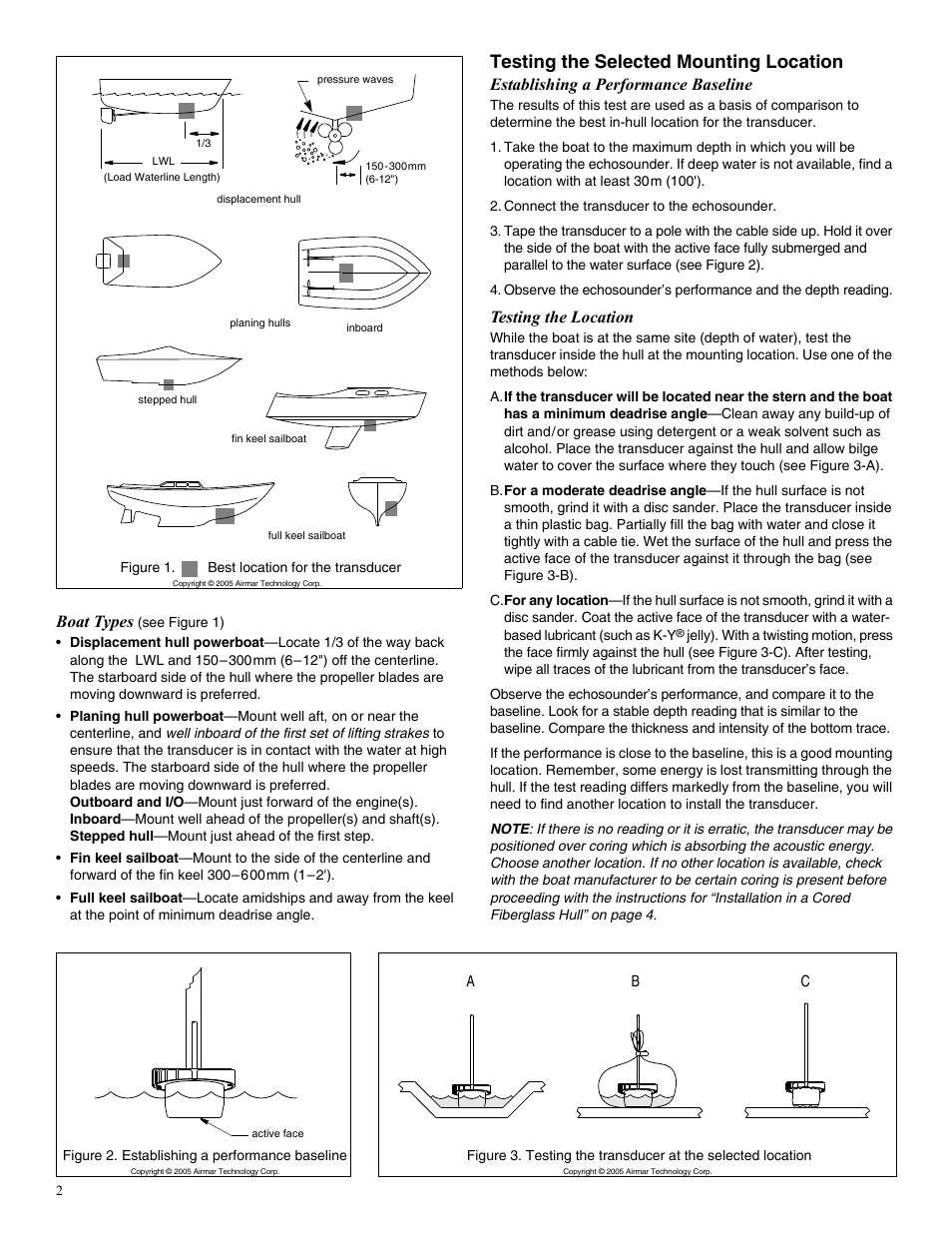 Testing the selected mounting location, Establishing a performance baseline, Testing the location | Boat types | Airmar P79 User Manual | Page 2 / 4