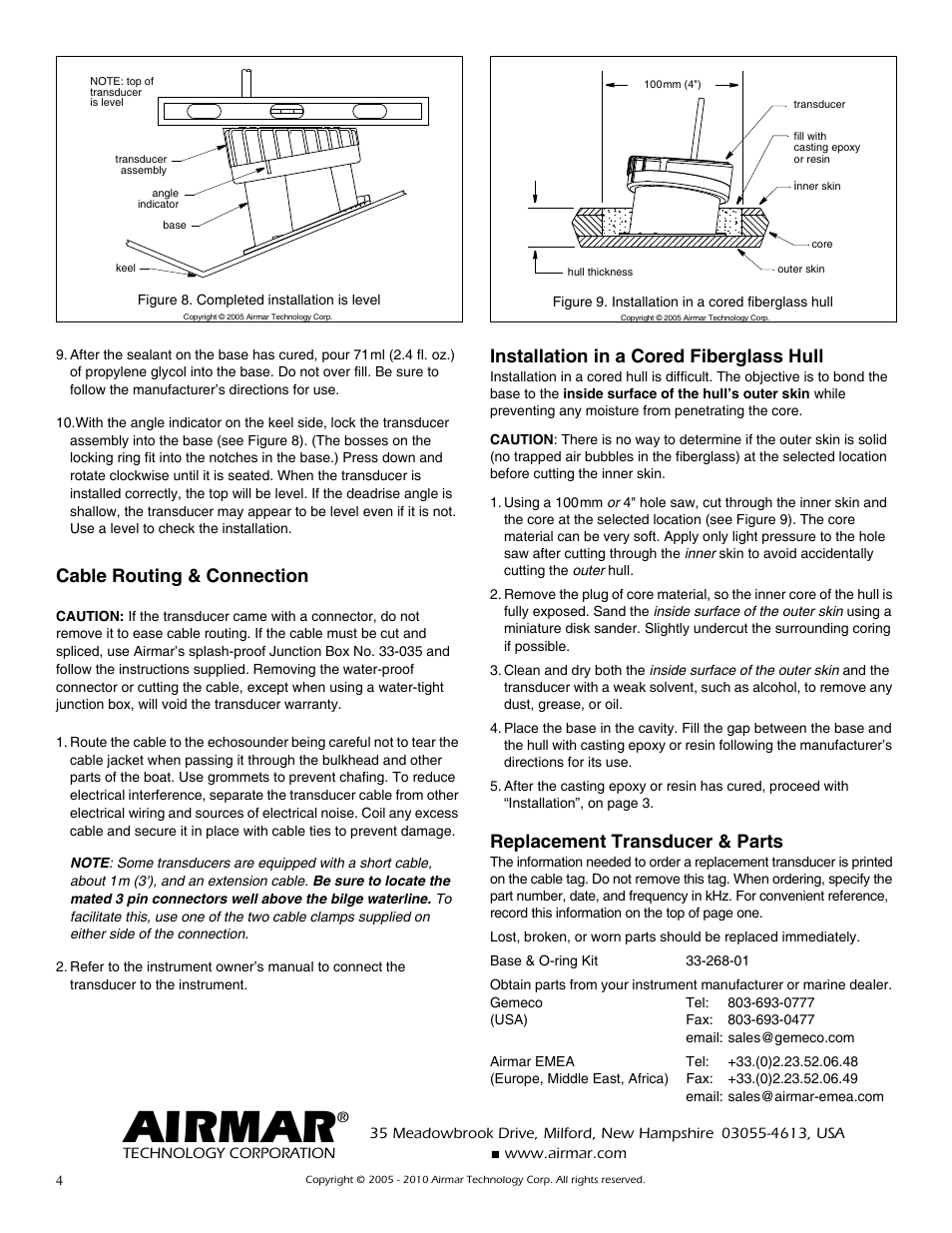 Airmar, Cable routing & connection, Installation in a cored fiberglass hull | Replacement transducer & parts | Airmar P79 User Manual | Page 4 / 4