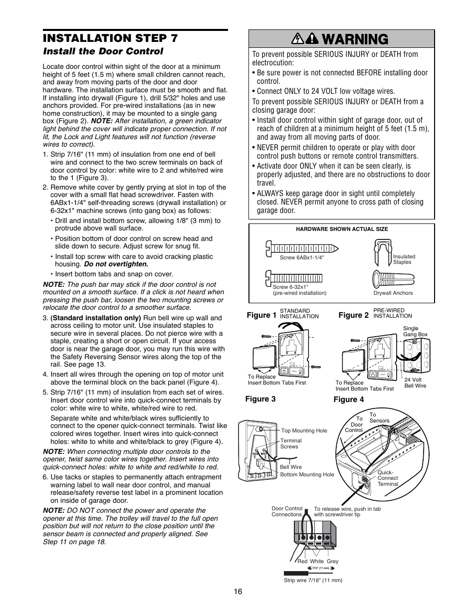 Hang the opener, Warning caution warning warning, Installation step 7 | Install the door control | Chamberlain 2220RGD 1/2 HP User Manual | Page 16 / 36