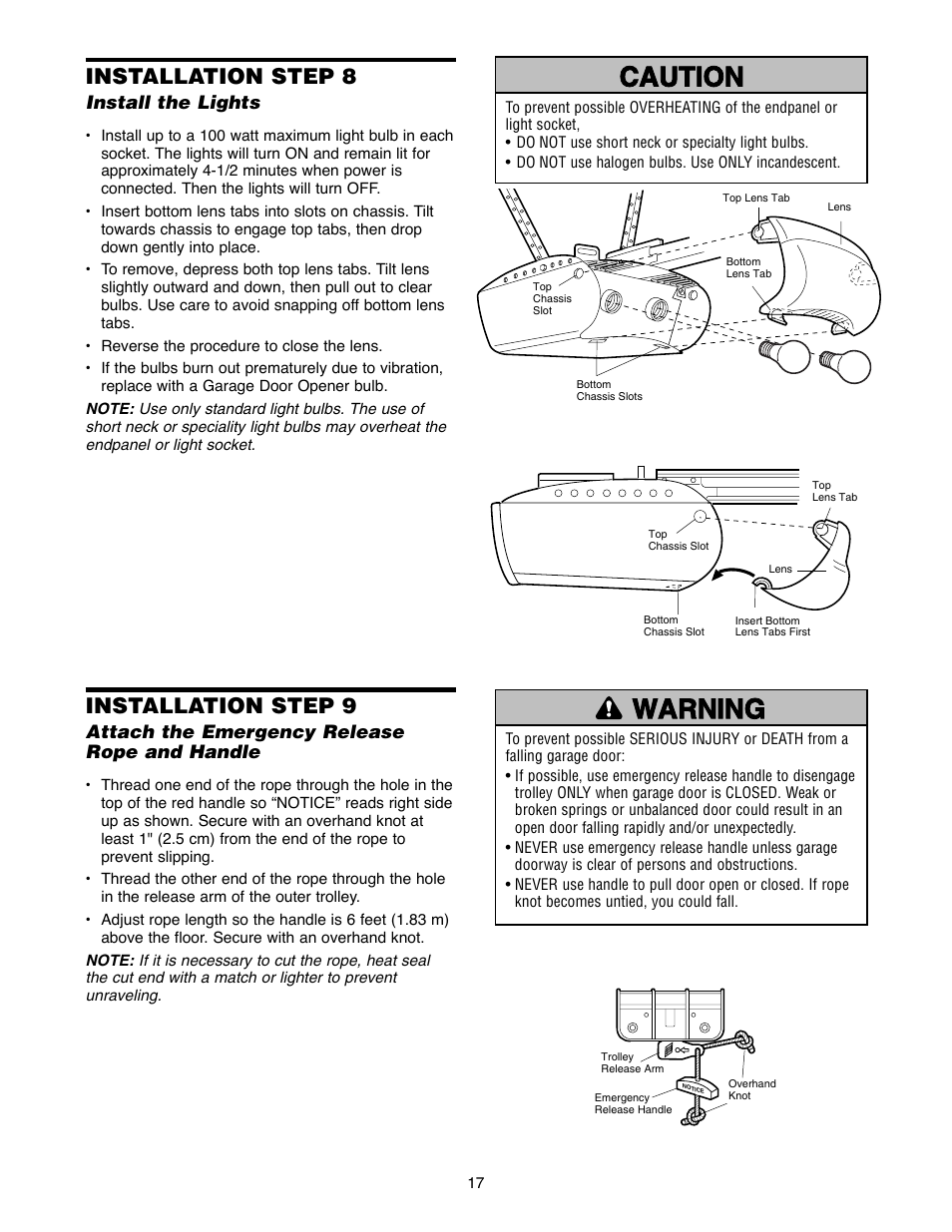 Install the door control and connect all wiring, Warning caution warning warning, Installation step 8 | Installation step 9 | Chamberlain 2220RGD 1/2 HP User Manual | Page 17 / 36