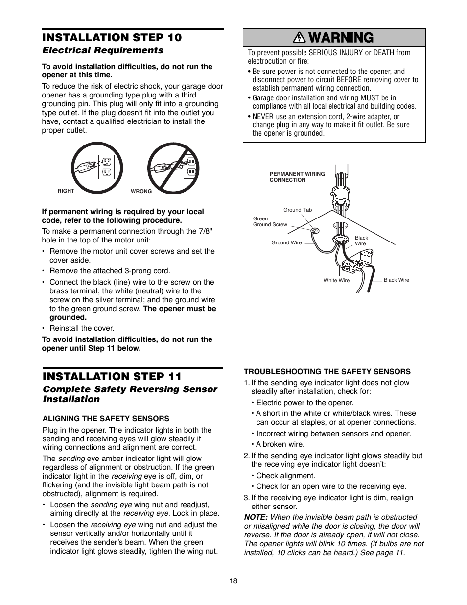 Electrical requirements, Complete safety reversing sensor installation, Warning caution warning warning | Installation step 10, Installation step 11 | Chamberlain 2220RGD 1/2 HP User Manual | Page 18 / 36