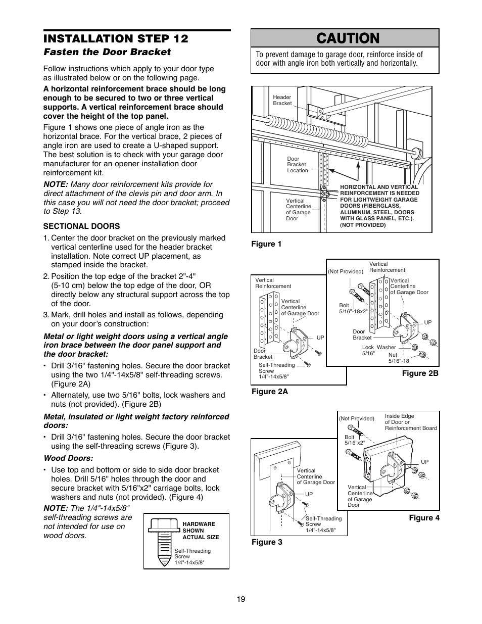 Install the lights and lens, Attach the emergency release rope and handle, Warning caution warning warning | Installation step 12, Fasten the door bracket | Chamberlain 2220RGD 1/2 HP User Manual | Page 19 / 36