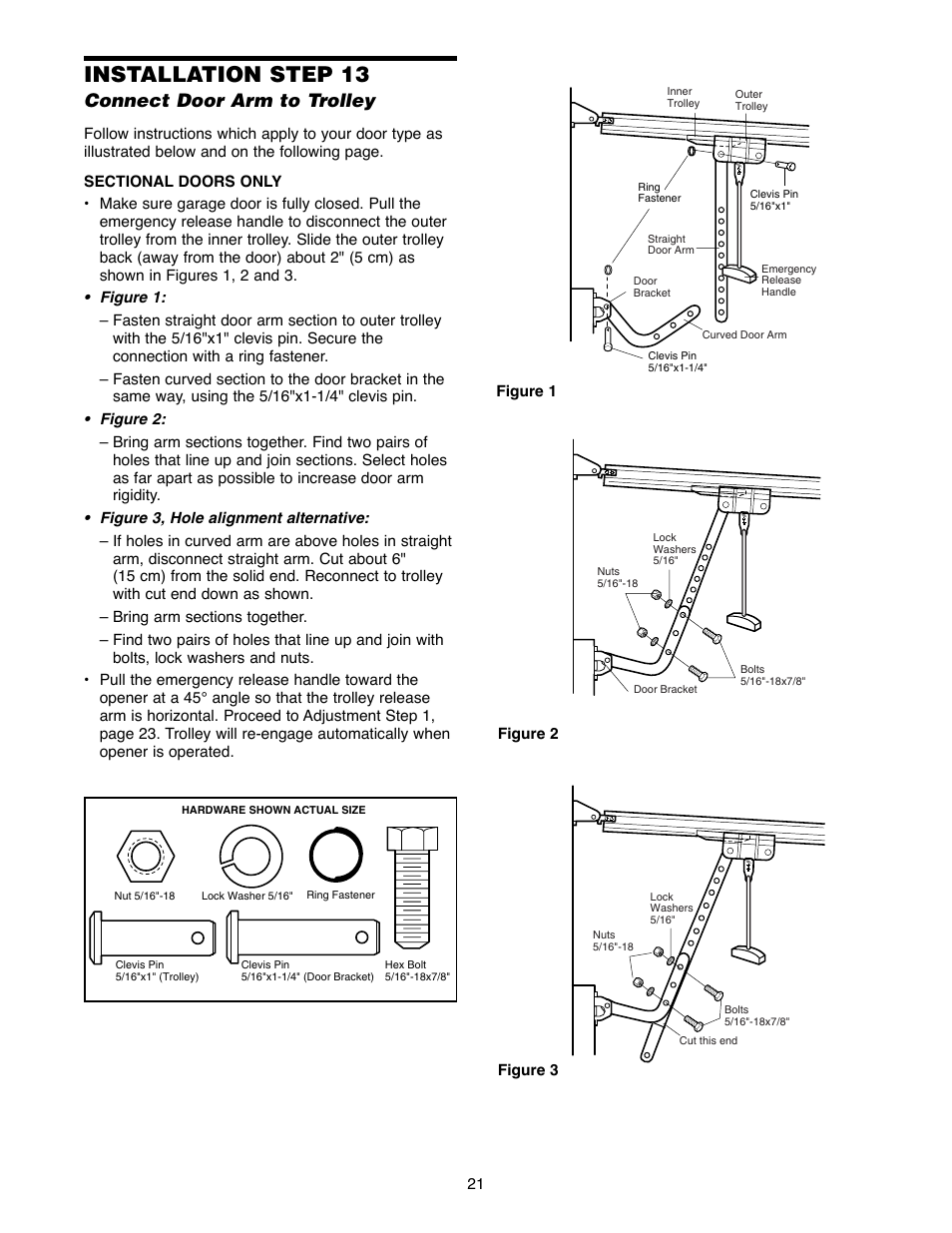 Installation step 13, Connect door arm to trolley | Chamberlain 2220RGD 1/2 HP User Manual | Page 21 / 36