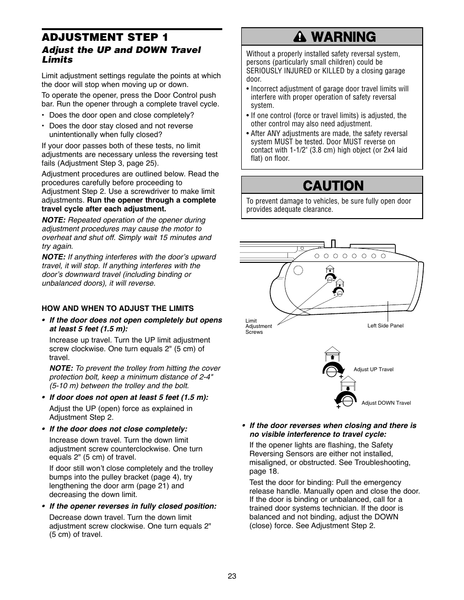 Warning caution warning warning, Adjustment step 1 | Chamberlain 2220RGD 1/2 HP User Manual | Page 23 / 36