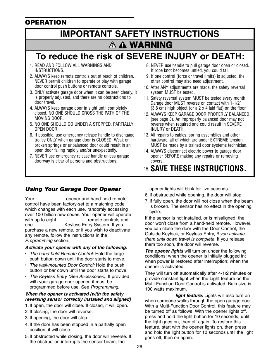 Test the safety reversal system, Test the protector system, Warning | Save these instructions, Operation | Chamberlain 2220RGD 1/2 HP User Manual | Page 26 / 36