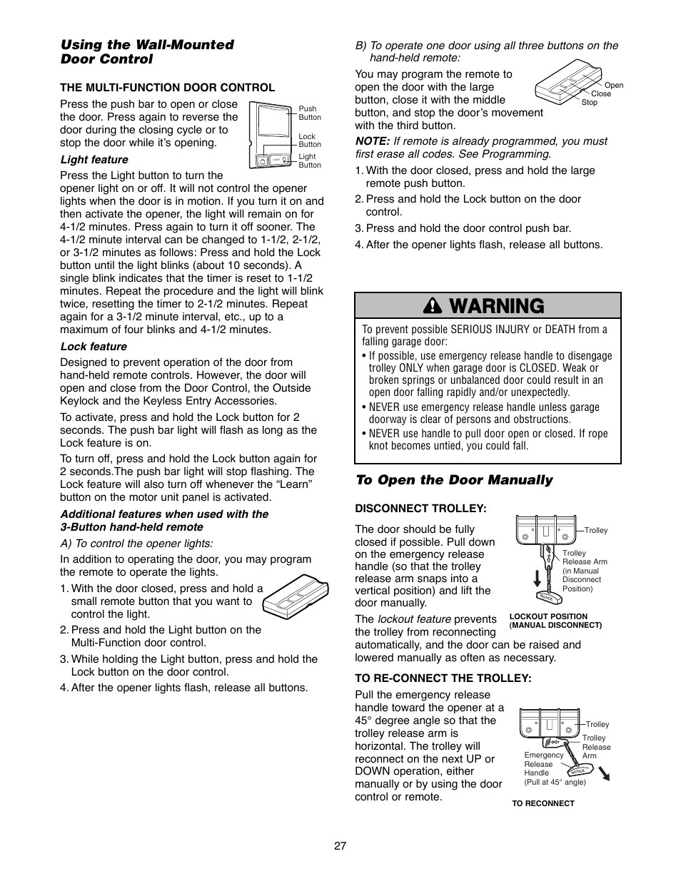 Operation, Using your garage door opener, Warning caution warning warning | Using the wall-mounted door control | Chamberlain 2220RGD 1/2 HP User Manual | Page 27 / 36