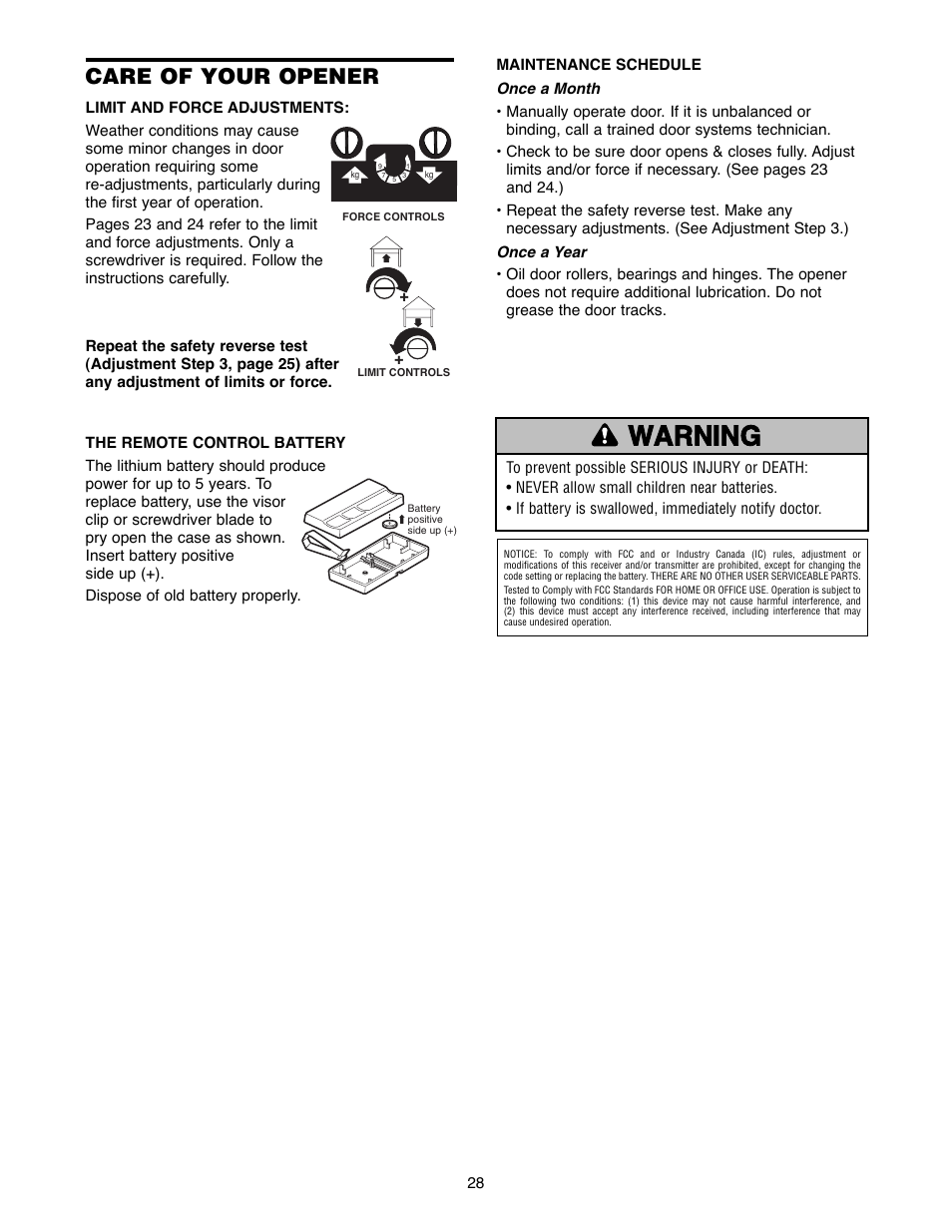 Using the wall-mounted door control, To open the door manually, Warning caution warning warning | Care of your opener | Chamberlain 2220RGD 1/2 HP User Manual | Page 28 / 36