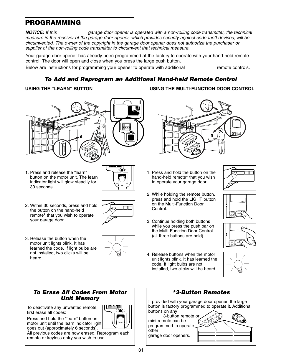 Programming, To add an additional hand-held remote control, Button remotes | Chamberlain 2220RGD 1/2 HP User Manual | Page 31 / 36