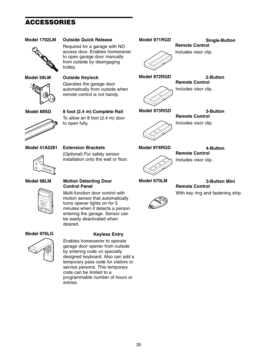 Accessories | Chamberlain 2220RGD 1/2 HP User Manual | Page 35 / 36