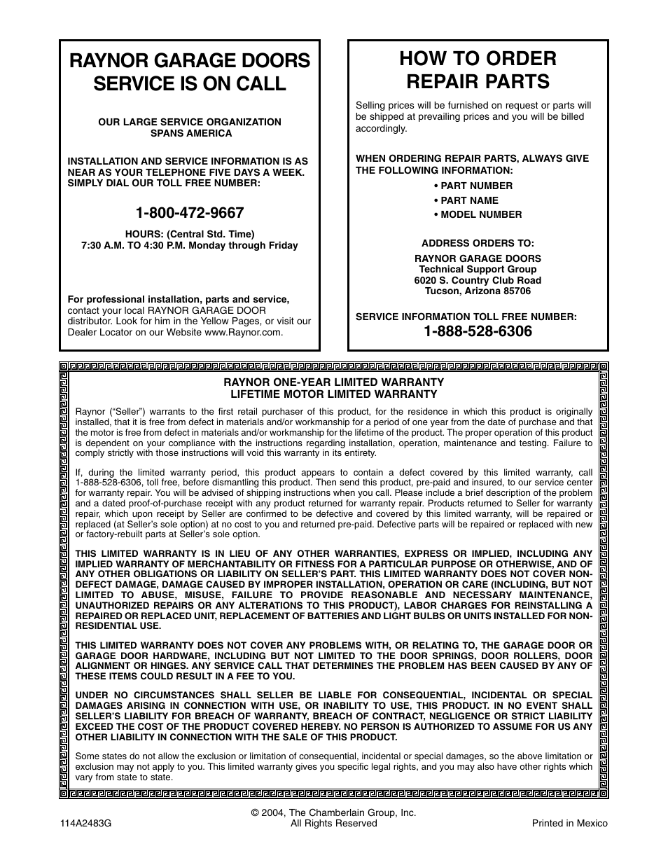 Warranty, Raynor garage doors service is on call, How to order repair parts | Chamberlain 2220RGD 1/2 HP User Manual | Page 36 / 36