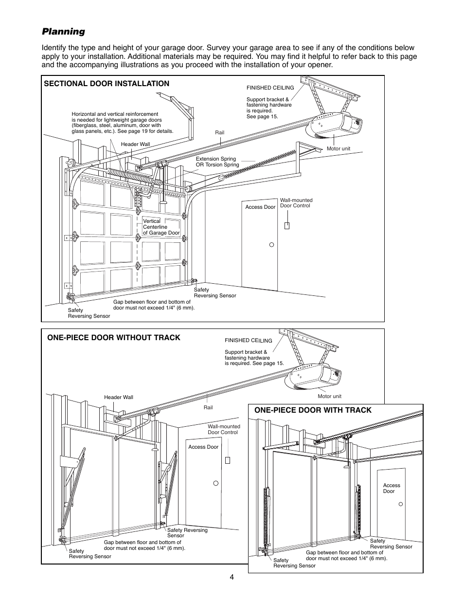 Carton inventory, Planning, One-piece door without track | One-piece door with track | Chamberlain 2220RGD 1/2 HP User Manual | Page 4 / 36