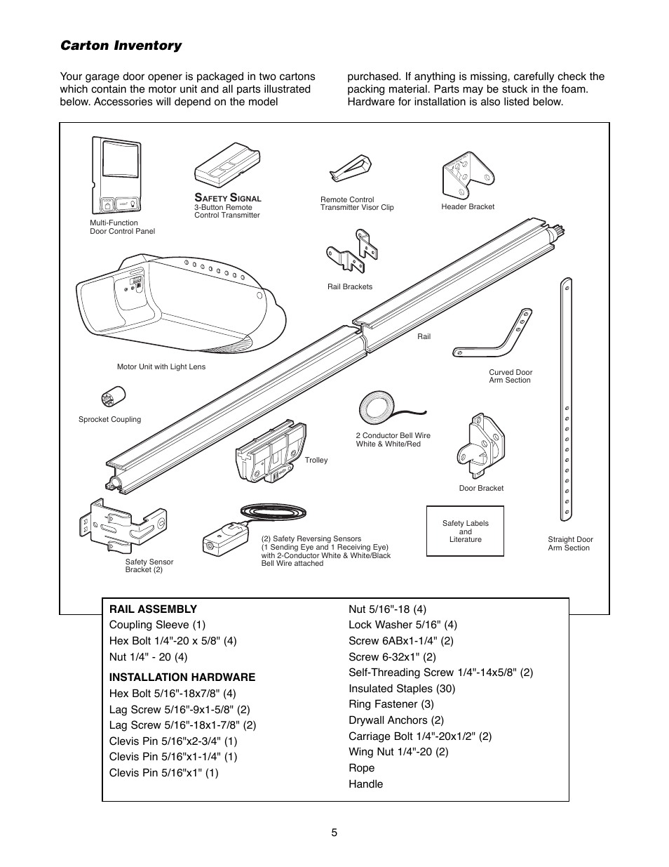 Planning, Carton inventory | Chamberlain 2220RGD 1/2 HP User Manual | Page 5 / 36