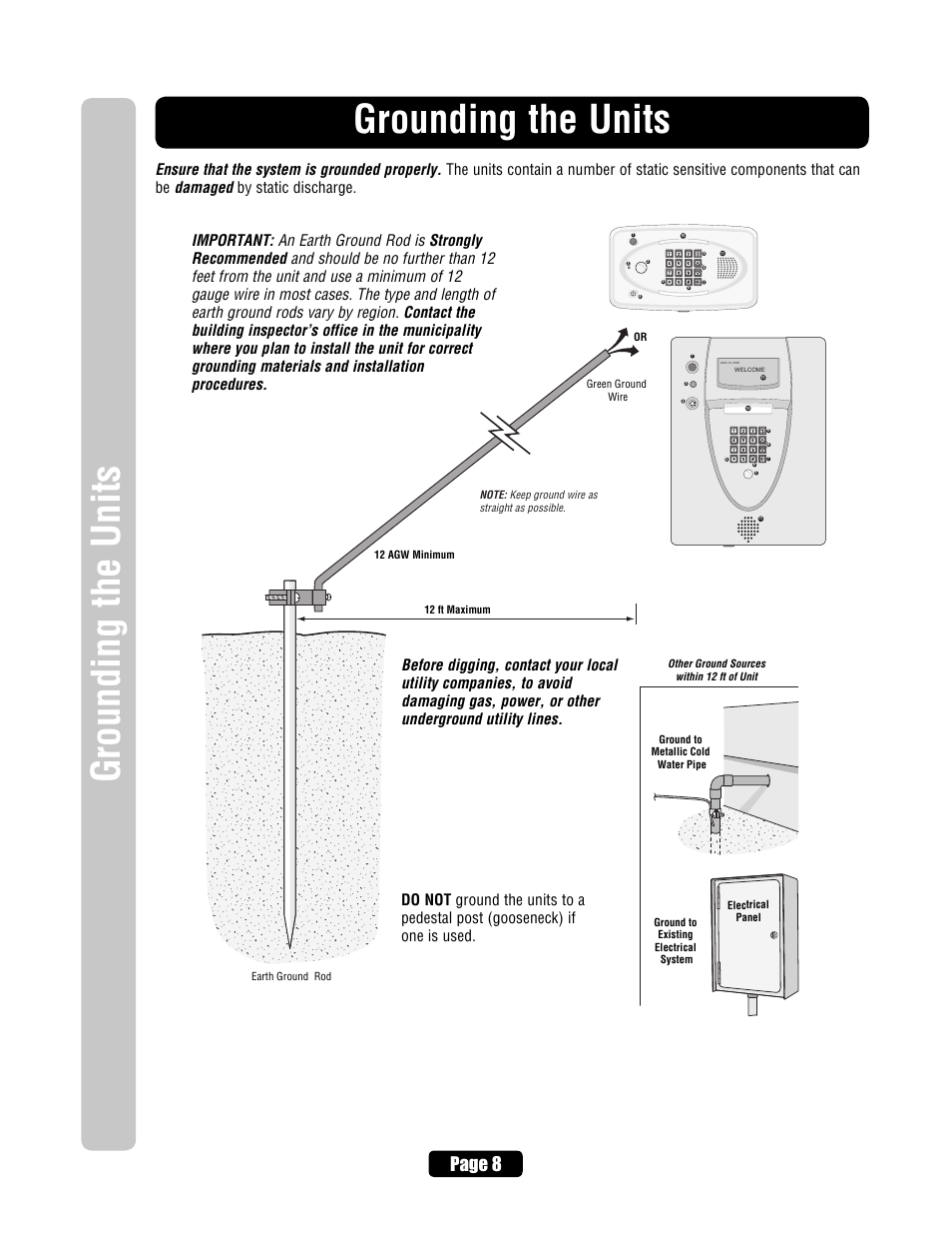 Power wire specs and run distances, Grounding the units, Page 8 | Chamberlain EL2000 User Manual | Page 10 / 32