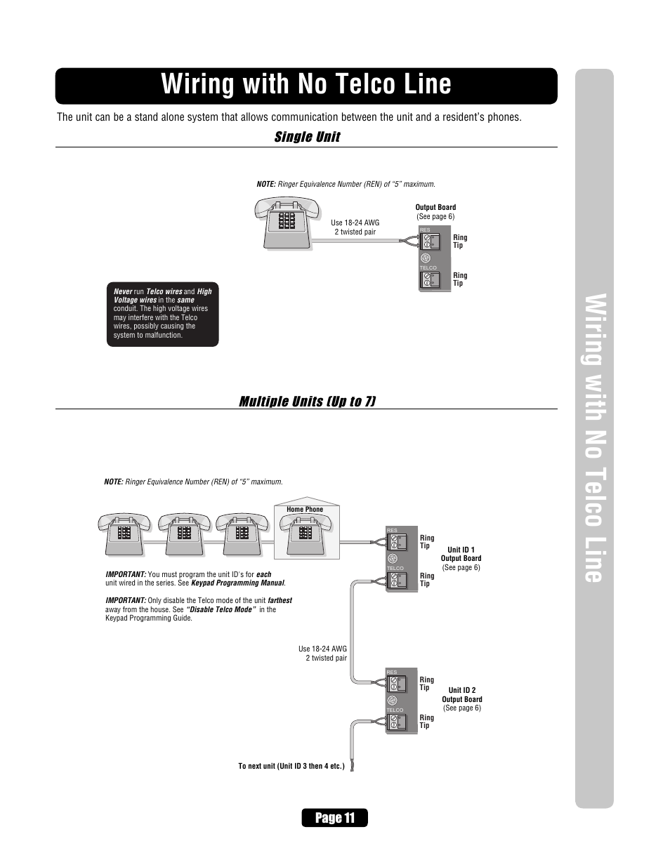 Wiring with no telco line, Single unit, Multiple units (up to 7) | Page 11 | Chamberlain EL2000 User Manual | Page 13 / 32